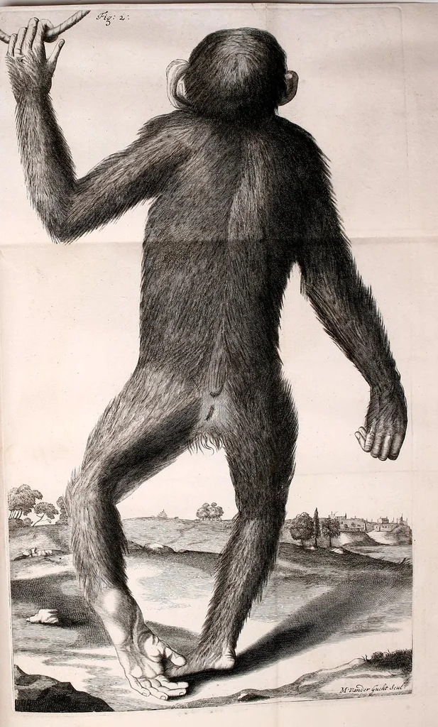 An illustration from Orang-outang, sive homo sylvestris: or, The anatomy of a pygmie compared with that of a monkey, an ape, and a man. To which is added, A philological essay concerning the pygmies, the cynocephali, the satyrs, and sphinges of the ancients. Wherein it will appear that they are all either apes or monkeys, and not men, as formerly pretended, 1699, leaf 123