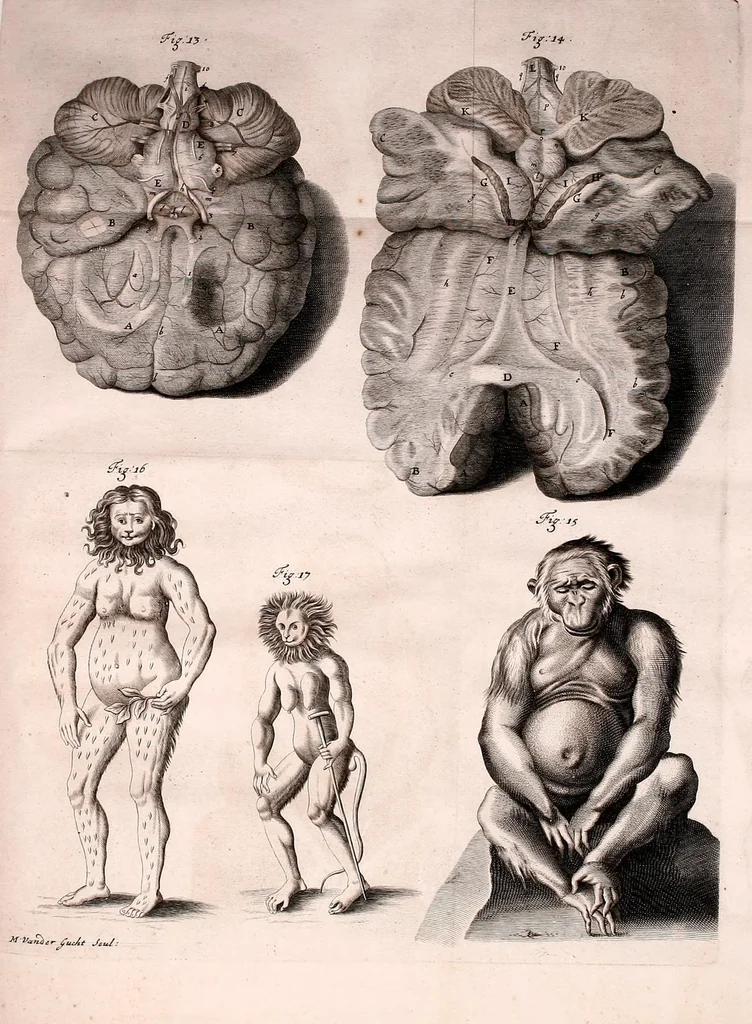 An illustration from Orang-outang, sive homo sylvestris: or, The anatomy of a pygmie compared with that of a monkey, an ape, and a man. To which is added, A philological essay concerning the pygmies, the cynocephali, the satyrs, and sphinges of the ancients. Wherein it will appear that they are all either apes or monkeys, and not men, as formerly pretended, 1699, leaf 157