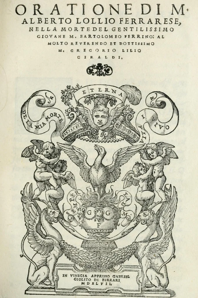 An illustration from Oratione di m. Alberto Lollio ferrarese, nella morte del gentilissimo giouane m. Bartolomeo Ferrino .., 1547, leaf 3