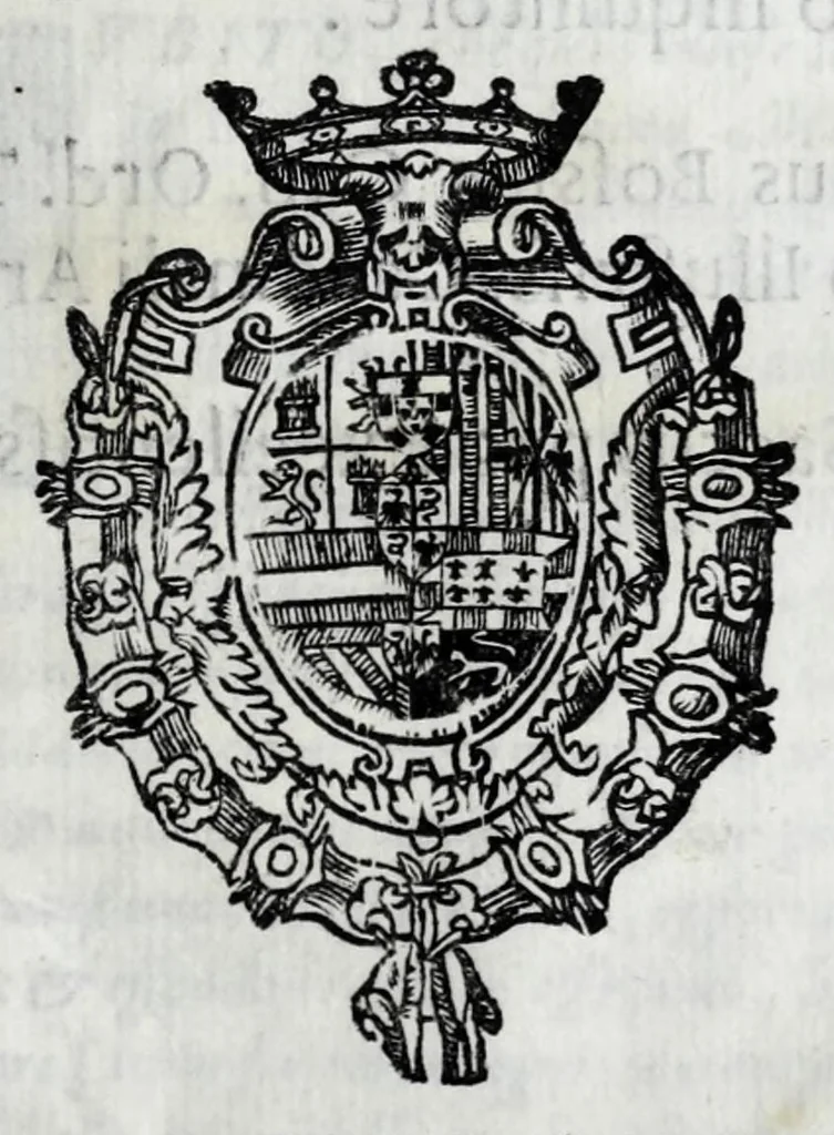 An illustration from Oratione di mons. Pietro Giorgio Odescalco vescovo di Vigevano : recitata nel funerale fatto nella chiesa cathedrale dell'istessa città, per l'anima della serenissima Reina di Spagna Donna Margarita d'Avstria : con la relatione dell'apparato, e quello, che seguì nel celebrare il detto funerale il dì 10. febraro 1612, 1612, leaf 5