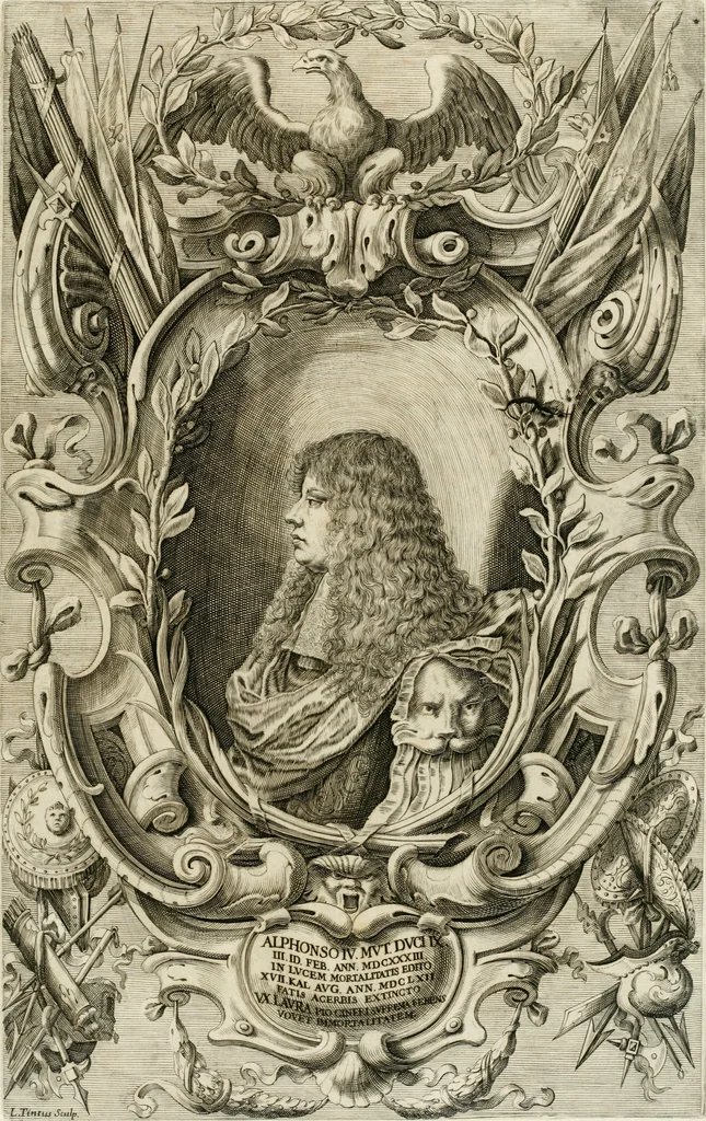 An illustration from Oratione fvnerale nelle solenni eseqvie di Alfonso IV. dvca di Modona e Reggio etc., à 16. di luglio l'anno MDCLXII. defunto : celebrate à 12. di giugno MDCLXIII. dall'Altezze serenisime di madama Lavra Sva consorte e del serenissimo dvca Francesco II. Svo figlio, 1663, leaf 20