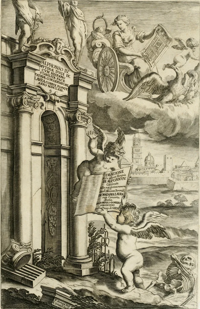 An illustration from Oratione fvnerale nelle solenni eseqvie di Alfonso IV. dvca di Modona e Reggio etc., à 16. di luglio l'anno MDCLXII. defunto : celebrate à 12. di giugno MDCLXIII. dall'Altezze serenisime di madama Lavra Sva consorte e del serenissimo dvca Francesco II. Svo figlio, 1663, leaf 6