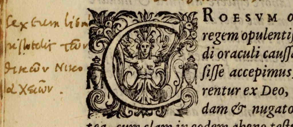 An illustration from Orationes, XXIII earum index statim post praesationem continetur : eiusdem interpretatio quincti libri Ethicorum Aristotelis ad Nicomachum : eiusdem hymni sacri & alia quaedam poematia, 1575, leaf 114