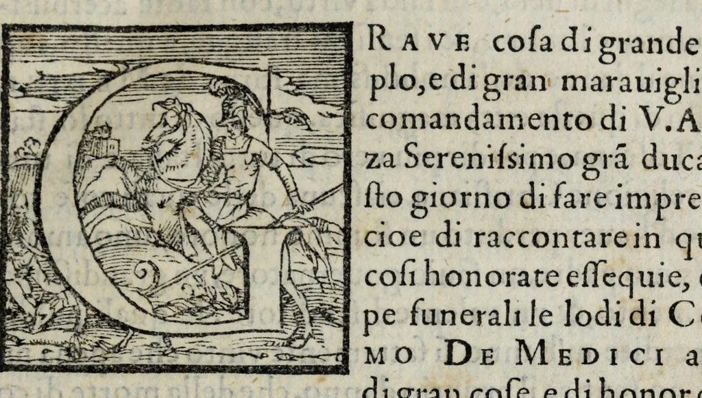 An illustration from Orazione di m. Gio. Batista Adriani fatta in latino all'esseqvie del sereniss. Cosimo de Medici, gran duca di Toscana : recitata nel palazzo publico il di XVII. di maggio MDLXXIIII. e tradotta in florentino da Marcello suo figliuolo, 1574, leaf 9