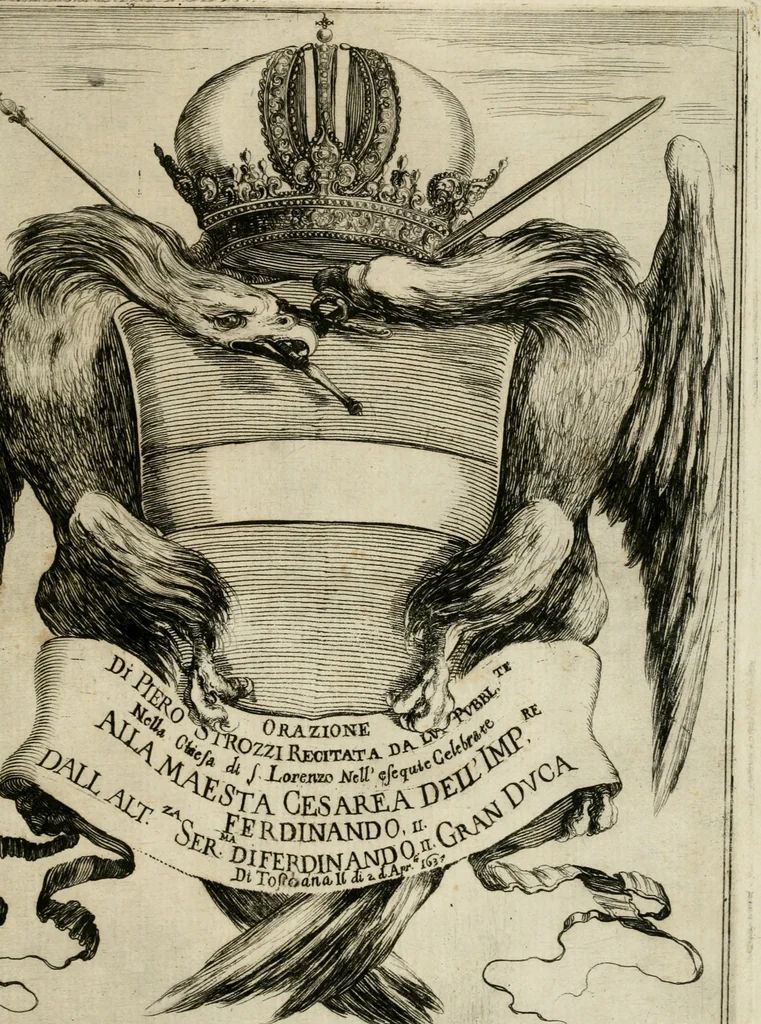 An illustration from Orazione di Piero Strozzi recitata da lui pubbli.te nella chiesa di S. Lorenzo nell' esequie celebrate alla Maesta Cesarea dell' imp.re Ferdinando II. dall' Alt.za Ser.ma di Ferdinando II gran duca di Toscana, il di 2 d' apr.le 1637, 1637, leaf 6