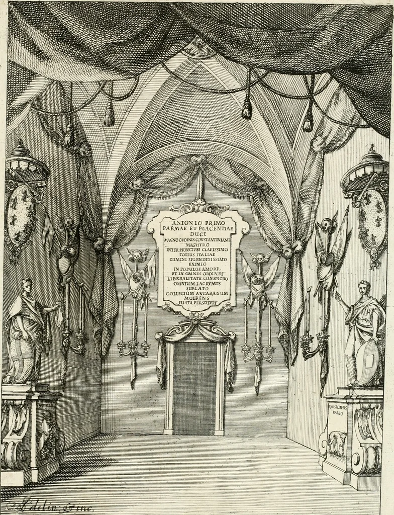 An illustration from Orazione funebre e descrizione del solenne funerale dell'Altezza serenissima Antonio I. ottavo duca di Parma ... : celebrato in Bologna dal Ducal Collegio Ancarano nella chiesa parrocchiale priorato della Maddalena LI XXVII. novembre MDCC XXXI, 1731, leaf 4