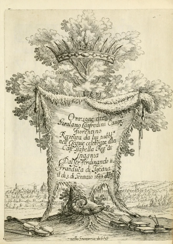 An illustration from Orazione funerale di Girolamo Lanfredini canonico fiorentino in morte della regina Isabella di Spagna, 1645, leaf 7