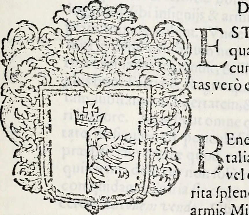 An illustration from Orbis Polonvs, splendoribus caeli: Triumphis mundi: pulchritudine animantium: decore aquatilium: naturae excellentia reptilium, condecoratvs. In qvo antiqva Sarmatarvm gentilitia, pervetvstae nobilitatis polonae insignia, vetera & noua indigenatus meritorum praemia & arma, specificantur & relucent. Nunc primum, vt Latinitati consecratus, ita claritate & veritate perspicuus, 1641, leaf 1014