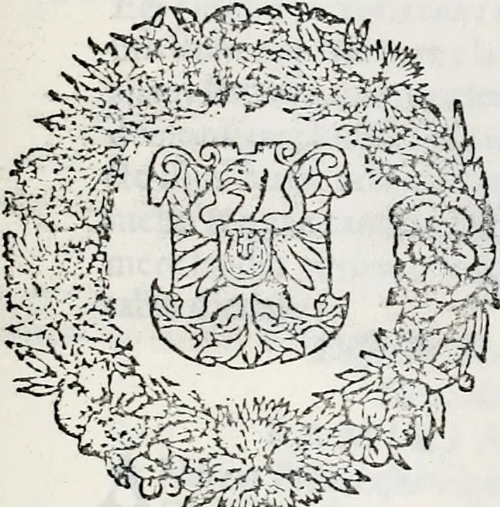 An illustration from Orbis Polonvs, splendoribus caeli: Triumphis mundi: pulchritudine animantium: decore aquatilium: naturae excellentia reptilium, condecoratvs. In qvo antiqva Sarmatarvm gentilitia, pervetvstae nobilitatis polonae insignia, vetera & noua indigenatus meritorum praemia & arma, specificantur & relucent. Nunc primum, vt Latinitati consecratus, ita claritate & veritate perspicuus, 1641, leaf 1018