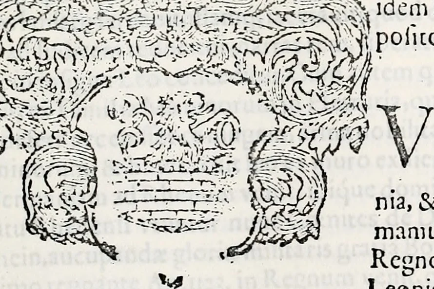 An illustration from Orbis Polonvs, splendoribus caeli: Triumphis mundi: pulchritudine animantium: decore aquatilium: naturae excellentia reptilium, condecoratvs. In qvo antiqva Sarmatarvm gentilitia, pervetvstae nobilitatis polonae insignia, vetera & noua indigenatus meritorum praemia & arma, specificantur & relucent. Nunc primum, vt Latinitati consecratus, ita claritate & veritate perspicuus, 1641, leaf 1028