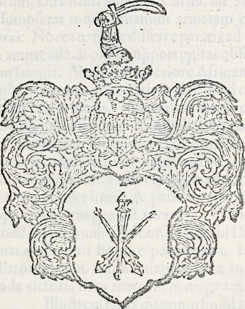 An illustration from Orbis Polonvs, splendoribus caeli: Triumphis mundi: pulchritudine animantium: decore aquatilium: naturae excellentia reptilium, condecoratvs. In qvo antiqva Sarmatarvm gentilitia, pervetvstae nobilitatis polonae insignia, vetera & noua indigenatus meritorum praemia & arma, specificantur & relucent. Nunc primum, vt Latinitati consecratus, ita claritate & veritate perspicuus, 1641, leaf 110
