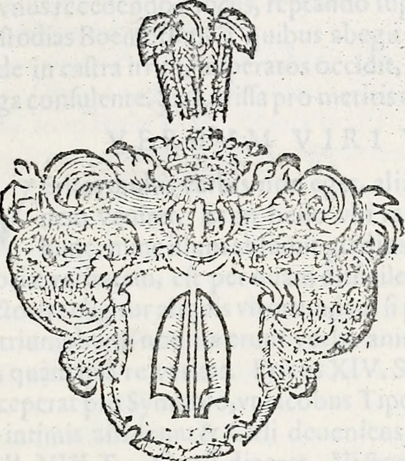 An illustration from Orbis Polonvs, splendoribus caeli: Triumphis mundi: pulchritudine animantium: decore aquatilium: naturae excellentia reptilium, condecoratvs. In qvo antiqva Sarmatarvm gentilitia, pervetvstae nobilitatis polonae insignia, vetera & noua indigenatus meritorum praemia & arma, specificantur & relucent. Nunc primum, vt Latinitati consecratus, ita claritate & veritate perspicuus, 1641, leaf 114