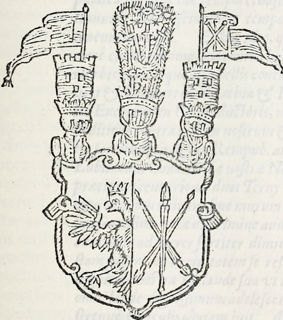 An illustration from Orbis Polonvs, splendoribus caeli: Triumphis mundi: pulchritudine animantium: decore aquatilium: naturae excellentia reptilium, condecoratvs. In qvo antiqva Sarmatarvm gentilitia, pervetvstae nobilitatis polonae insignia, vetera & noua indigenatus meritorum praemia & arma, specificantur & relucent. Nunc primum, vt Latinitati consecratus, ita claritate & veritate perspicuus, 1641, leaf 1158