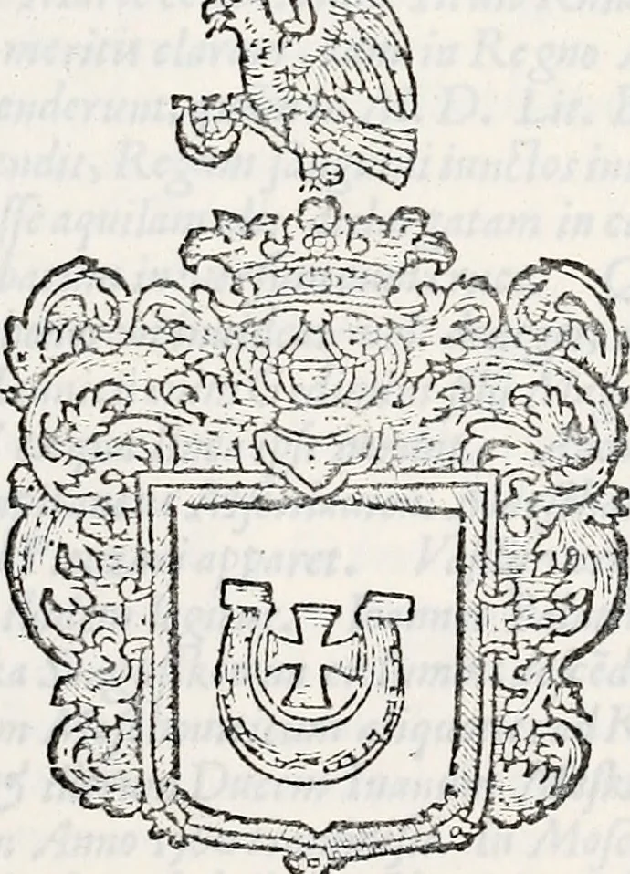 An illustration from Orbis Polonvs, splendoribus caeli: Triumphis mundi: pulchritudine animantium: decore aquatilium: naturae excellentia reptilium, condecoratvs. In qvo antiqva Sarmatarvm gentilitia, pervetvstae nobilitatis polonae insignia, vetera & noua indigenatus meritorum praemia & arma, specificantur & relucent. Nunc primum, vt Latinitati consecratus, ita claritate & veritate perspicuus, 1641, leaf 120