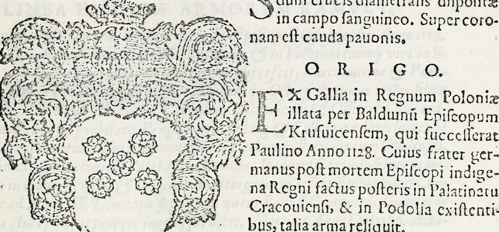 An illustration from Orbis Polonvs, splendoribus caeli: Triumphis mundi: pulchritudine animantium: decore aquatilium: naturae excellentia reptilium, condecoratvs. In qvo antiqva Sarmatarvm gentilitia, pervetvstae nobilitatis polonae insignia, vetera & noua indigenatus meritorum praemia & arma, specificantur & relucent. Nunc primum, vt Latinitati consecratus, ita claritate & veritate perspicuus, 1641, leaf 1200