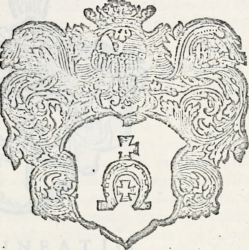 An illustration from Orbis Polonvs, splendoribus caeli: Triumphis mundi: pulchritudine animantium: decore aquatilium: naturae excellentia reptilium, condecoratvs. In qvo antiqva Sarmatarvm gentilitia, pervetvstae nobilitatis polonae insignia, vetera & noua indigenatus meritorum praemia & arma, specificantur & relucent. Nunc primum, vt Latinitati consecratus, ita claritate & veritate perspicuus, 1641, leaf 128