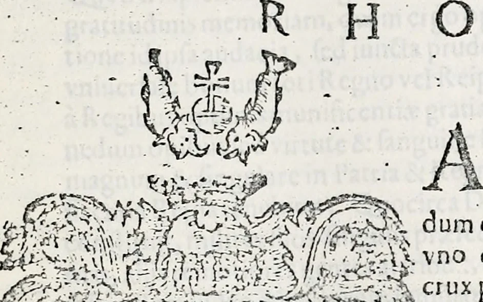 An illustration from Orbis Polonvs, splendoribus caeli: Triumphis mundi: pulchritudine animantium: decore aquatilium: naturae excellentia reptilium, condecoratvs. In qvo antiqva Sarmatarvm gentilitia, pervetvstae nobilitatis polonae insignia, vetera & noua indigenatus meritorum praemia & arma, specificantur & relucent. Nunc primum, vt Latinitati consecratus, ita claritate & veritate perspicuus, 1641, leaf 1286
