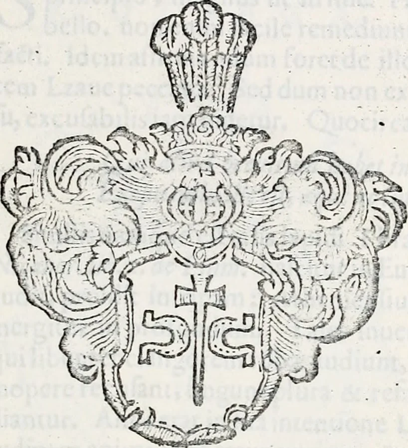 An illustration from Orbis Polonvs, splendoribus caeli: Triumphis mundi: pulchritudine animantium: decore aquatilium: naturae excellentia reptilium, condecoratvs. In qvo antiqva Sarmatarvm gentilitia, pervetvstae nobilitatis polonae insignia, vetera & noua indigenatus meritorum praemia & arma, specificantur & relucent. Nunc primum, vt Latinitati consecratus, ita claritate & veritate perspicuus, 1641, leaf 130