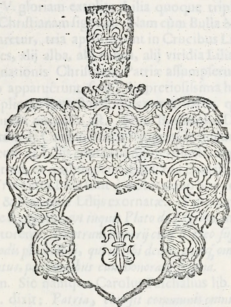 An illustration from Orbis Polonvs, splendoribus caeli: Triumphis mundi: pulchritudine animantium: decore aquatilium: naturae excellentia reptilium, condecoratvs. In qvo antiqva Sarmatarvm gentilitia, pervetvstae nobilitatis polonae insignia, vetera & noua indigenatus meritorum praemia & arma, specificantur & relucent. Nunc primum, vt Latinitati consecratus, ita claritate & veritate perspicuus, 1641, leaf 148