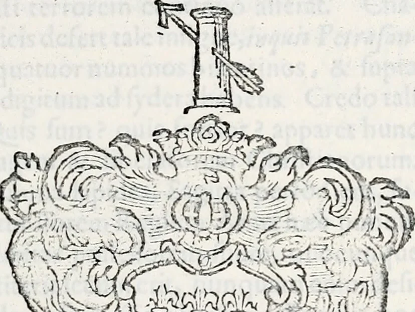 An illustration from Orbis Polonvs, splendoribus caeli: Triumphis mundi: pulchritudine animantium: decore aquatilium: naturae excellentia reptilium, condecoratvs. In qvo antiqva Sarmatarvm gentilitia, pervetvstae nobilitatis polonae insignia, vetera & noua indigenatus meritorum praemia & arma, specificantur & relucent. Nunc primum, vt Latinitati consecratus, ita claritate & veritate perspicuus, 1641, leaf 152