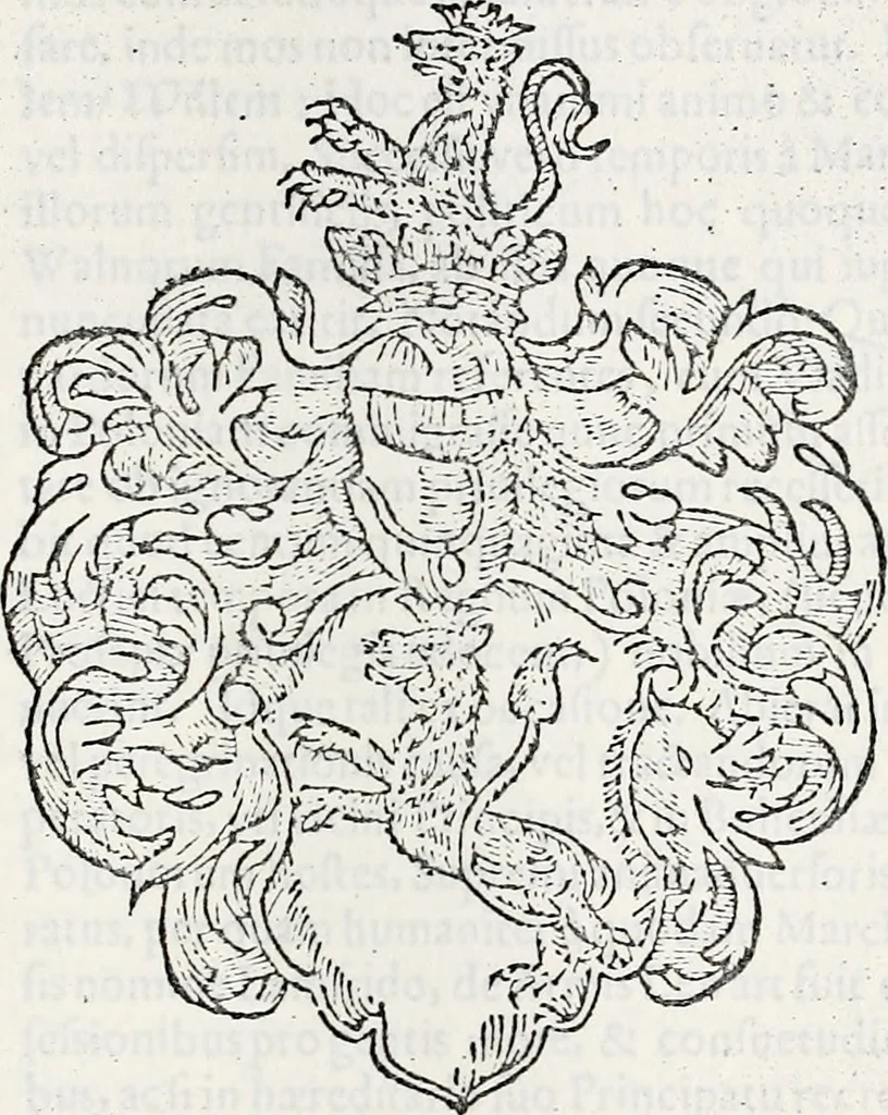 An illustration from Orbis Polonvs, splendoribus caeli: Triumphis mundi: pulchritudine animantium: decore aquatilium: naturae excellentia reptilium, condecoratvs. In qvo antiqva Sarmatarvm gentilitia, pervetvstae nobilitatis polonae insignia, vetera & noua indigenatus meritorum praemia & arma, specificantur & relucent. Nunc primum, vt Latinitati consecratus, ita claritate & veritate perspicuus, 1641, leaf 254