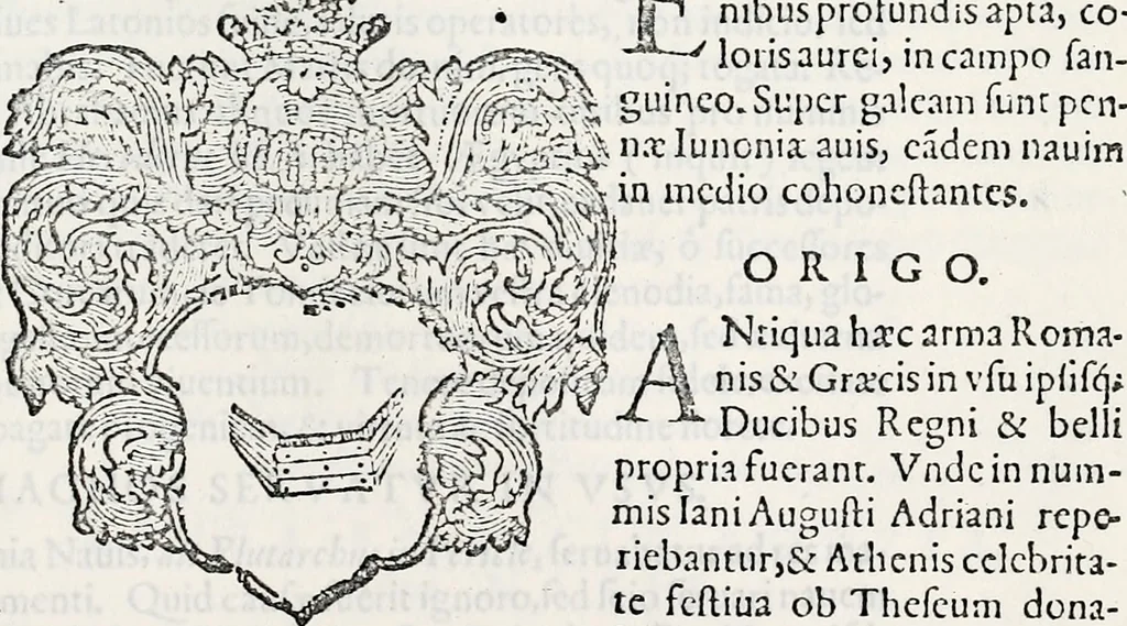 An illustration from Orbis Polonvs, splendoribus caeli: Triumphis mundi: pulchritudine animantium: decore aquatilium: naturae excellentia reptilium, condecoratvs. In qvo antiqva Sarmatarvm gentilitia, pervetvstae nobilitatis polonae insignia, vetera & noua indigenatus meritorum praemia & arma, specificantur & relucent. Nunc primum, vt Latinitati consecratus, ita claritate & veritate perspicuus, 1641, leaf 344