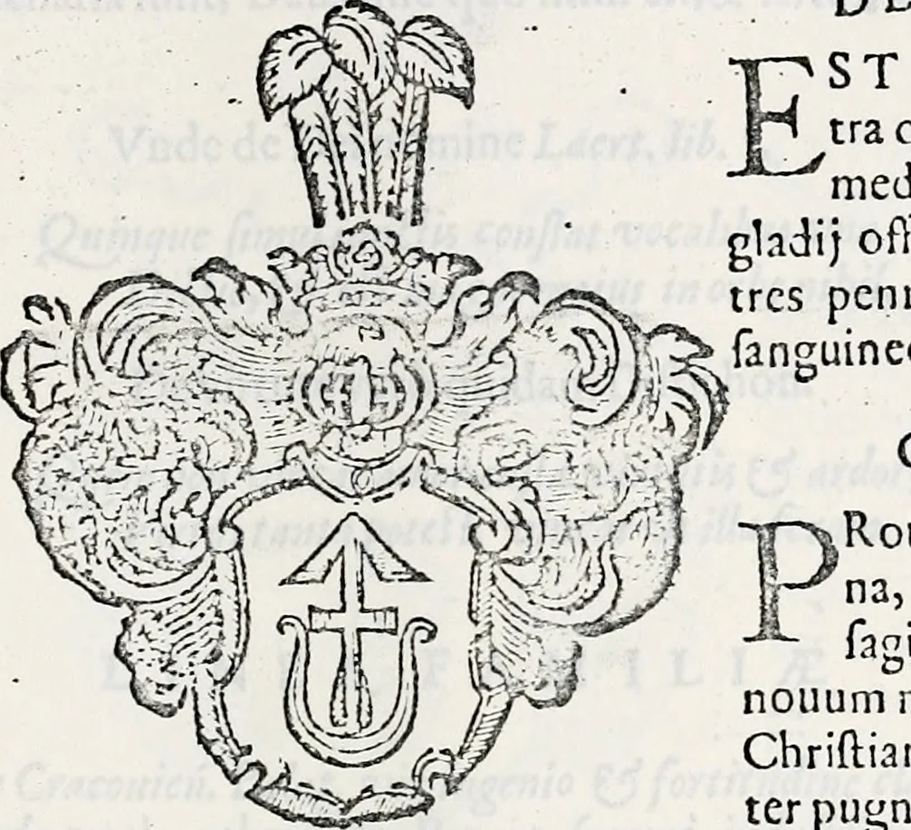An illustration from Orbis Polonvs, splendoribus caeli: Triumphis mundi: pulchritudine animantium: decore aquatilium: naturae excellentia reptilium, condecoratvs. In qvo antiqva Sarmatarvm gentilitia, pervetvstae nobilitatis polonae insignia, vetera & noua indigenatus meritorum praemia & arma, specificantur & relucent. Nunc primum, vt Latinitati consecratus, ita claritate & veritate perspicuus, 1641, leaf 464