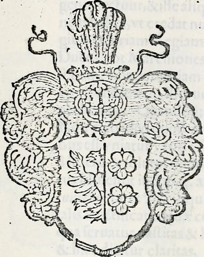An illustration from Orbis Polonvs, splendoribus caeli: Triumphis mundi: pulchritudine animantium: decore aquatilium: naturae excellentia reptilium, condecoratvs. In qvo antiqva Sarmatarvm gentilitia, pervetvstae nobilitatis polonae insignia, vetera & noua indigenatus meritorum praemia & arma, specificantur & relucent. Nunc primum, vt Latinitati consecratus, ita claritate & veritate perspicuus, 1641, leaf 482