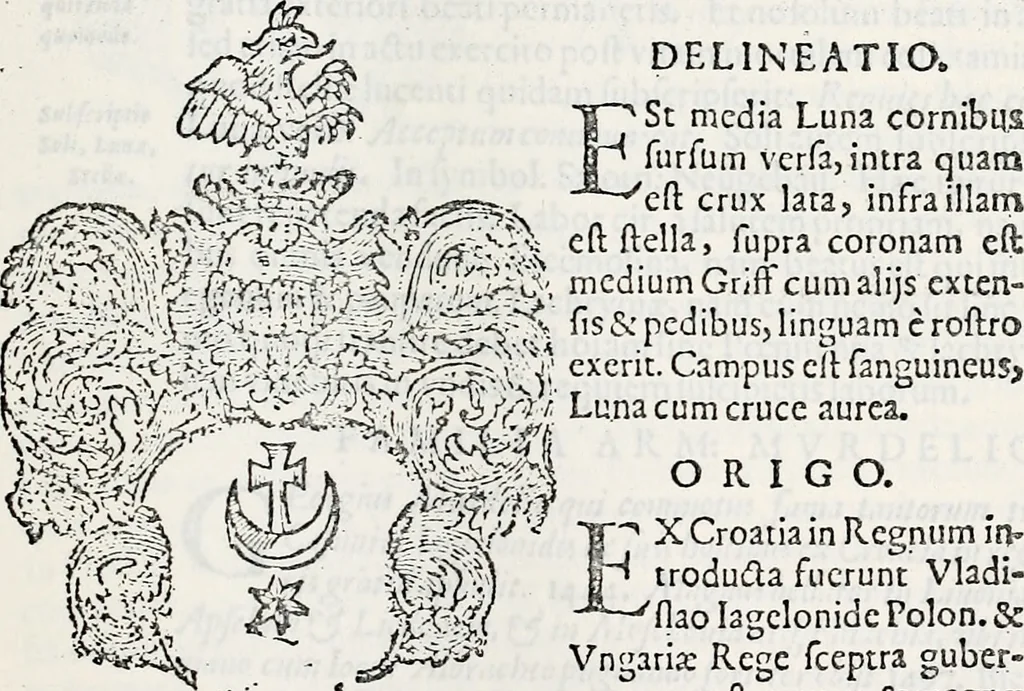 An illustration from Orbis Polonvs, splendoribus caeli: Triumphis mundi: pulchritudine animantium: decore aquatilium: naturae excellentia reptilium, condecoratvs. In qvo antiqva Sarmatarvm gentilitia, pervetvstae nobilitatis polonae insignia, vetera & noua indigenatus meritorum praemia & arma, specificantur & relucent. Nunc primum, vt Latinitati consecratus, ita claritate & veritate perspicuus, 1641, leaf 514