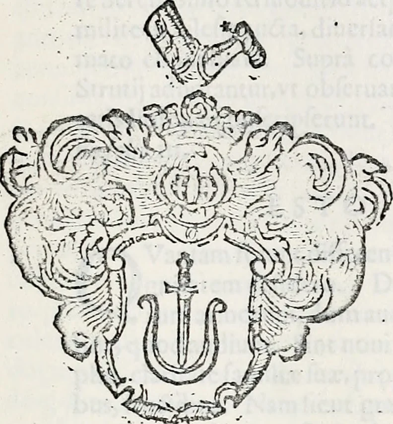 An illustration from Orbis Polonvs, splendoribus caeli: Triumphis mundi: pulchritudine animantium: decore aquatilium: naturae excellentia reptilium, condecoratvs. In qvo antiqva Sarmatarvm gentilitia, pervetvstae nobilitatis polonae insignia, vetera & noua indigenatus meritorum praemia & arma, specificantur & relucent. Nunc primum, vt Latinitati consecratus, ita claritate & veritate perspicuus, 1641, leaf 598