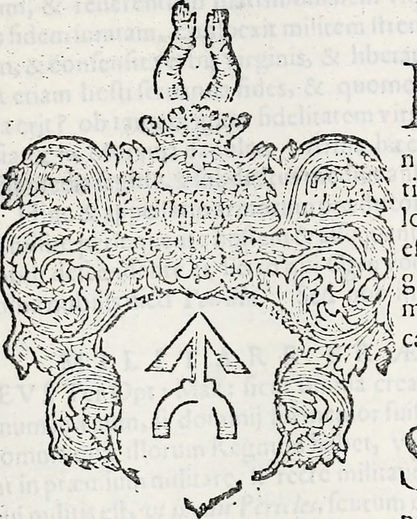 An illustration from Orbis Polonvs, splendoribus caeli: Triumphis mundi: pulchritudine animantium: decore aquatilium: naturae excellentia reptilium, condecoratvs. In qvo antiqva Sarmatarvm gentilitia, pervetvstae nobilitatis polonae insignia, vetera & noua indigenatus meritorum praemia & arma, specificantur & relucent. Nunc primum, vt Latinitati consecratus, ita claritate & veritate perspicuus, 1641, leaf 672
