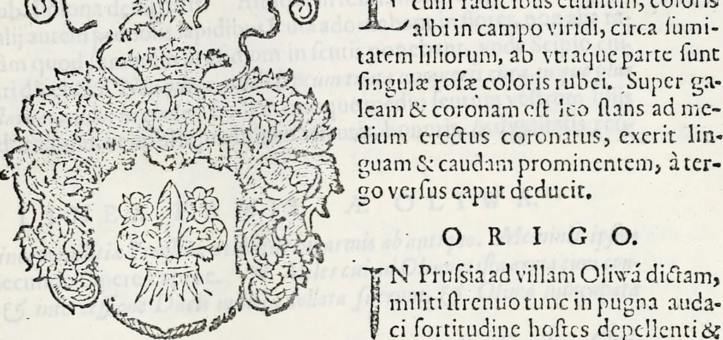 An illustration from Orbis Polonvs, splendoribus caeli: Triumphis mundi: pulchritudine animantium: decore aquatilium: naturae excellentia reptilium, condecoratvs. In qvo antiqva Sarmatarvm gentilitia, pervetvstae nobilitatis polonae insignia, vetera & noua indigenatus meritorum praemia & arma, specificantur & relucent. Nunc primum, vt Latinitati consecratus, ita claritate & veritate perspicuus, 1641, leaf 728