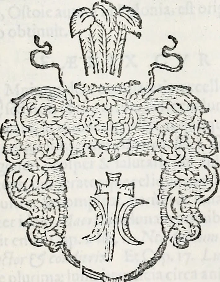 An illustration from Orbis Polonvs, splendoribus caeli: Triumphis mundi: pulchritudine animantium: decore aquatilium: naturae excellentia reptilium, condecoratvs. In qvo antiqva Sarmatarvm gentilitia, pervetvstae nobilitatis polonae insignia, vetera & noua indigenatus meritorum praemia & arma, specificantur & relucent. Nunc primum, vt Latinitati consecratus, ita claritate & veritate perspicuus, 1641, leaf 748