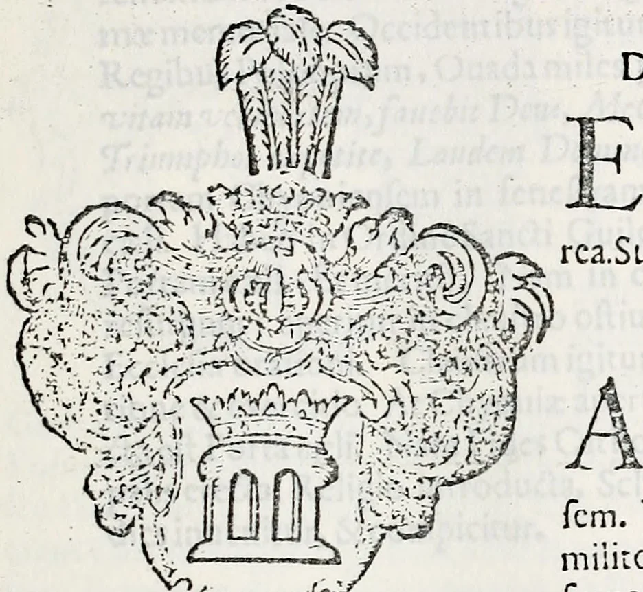 An illustration from Orbis Polonvs, splendoribus caeli: Triumphis mundi: pulchritudine animantium: decore aquatilium: naturae excellentia reptilium, condecoratvs. In qvo antiqva Sarmatarvm gentilitia, pervetvstae nobilitatis polonae insignia, vetera & noua indigenatus meritorum praemia & arma, specificantur & relucent. Nunc primum, vt Latinitati consecratus, ita claritate & veritate perspicuus, 1641, leaf 798