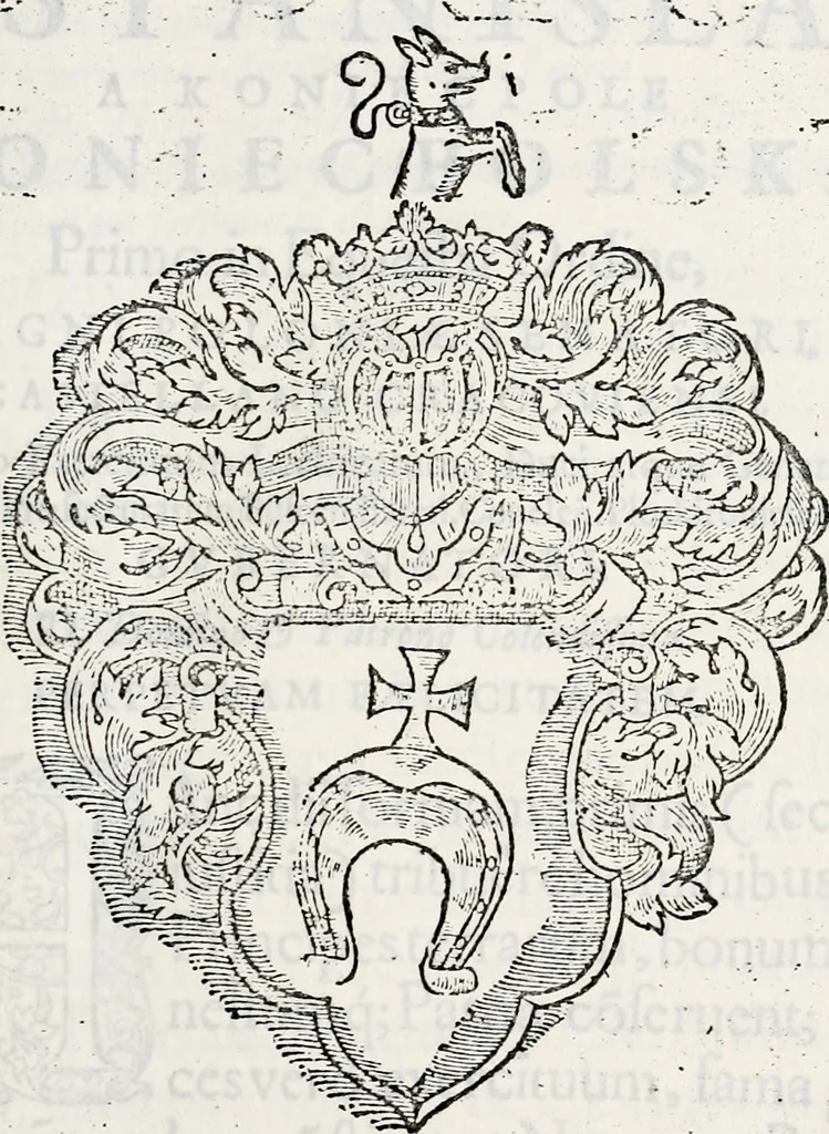 An illustration from Orbis Polonvs, splendoribus caeli: Triumphis mundi: pulchritudine animantium: decore aquatilium: naturae excellentia reptilium, condecoratvs. In qvo antiqva Sarmatarvm gentilitia, pervetvstae nobilitatis polonae insignia, vetera & noua indigenatus meritorum praemia & arma, specificantur & relucent. Nunc primum, vt Latinitati consecratus, ita claritate & veritate perspicuus, 1641, leaf 8
