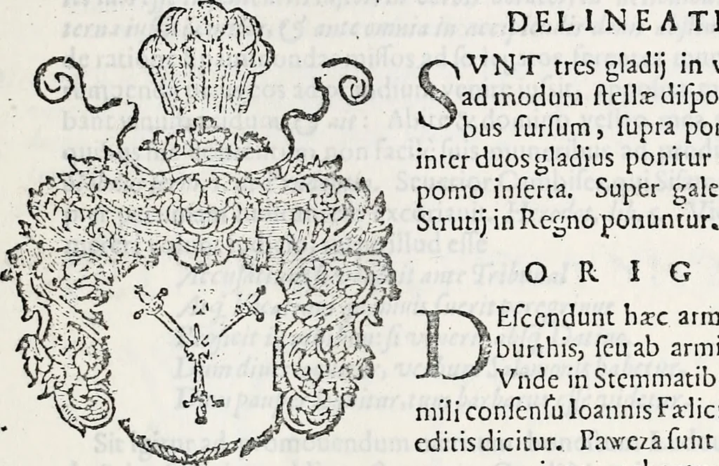 An illustration from Orbis Polonvs, splendoribus caeli: Triumphis mundi: pulchritudine animantium: decore aquatilium: naturae excellentia reptilium, condecoratvs. In qvo antiqva Sarmatarvm gentilitia, pervetvstae nobilitatis polonae insignia, vetera & noua indigenatus meritorum praemia & arma, specificantur & relucent. Nunc primum, vt Latinitati consecratus, ita claritate & veritate perspicuus, 1641, leaf 802