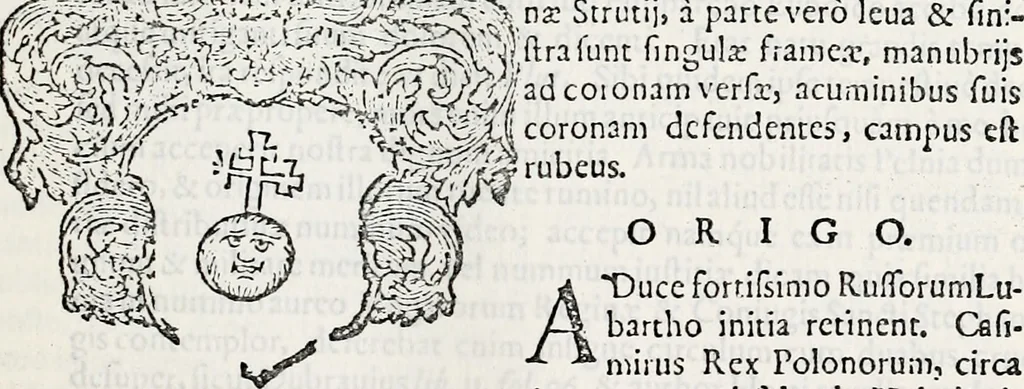 An illustration from Orbis Polonvs, splendoribus caeli: Triumphis mundi: pulchritudine animantium: decore aquatilium: naturae excellentia reptilium, condecoratvs. In qvo antiqva Sarmatarvm gentilitia, pervetvstae nobilitatis polonae insignia, vetera & noua indigenatus meritorum praemia & arma, specificantur & relucent. Nunc primum, vt Latinitati consecratus, ita claritate & veritate perspicuus, 1641, leaf 806