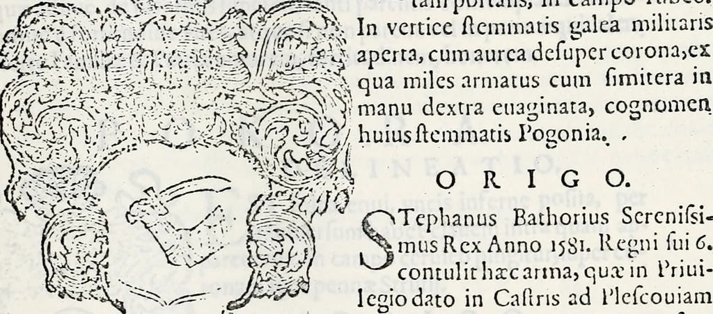 An illustration from Orbis Polonvs, splendoribus caeli: Triumphis mundi: pulchritudine animantium: decore aquatilium: naturae excellentia reptilium, condecoratvs. In qvo antiqva Sarmatarvm gentilitia, pervetvstae nobilitatis polonae insignia, vetera & noua indigenatus meritorum praemia & arma, specificantur & relucent. Nunc primum, vt Latinitati consecratus, ita claritate & veritate perspicuus, 1641, leaf 936