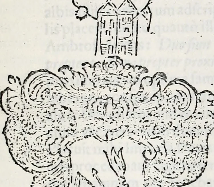 An illustration from Orbis Polonvs, splendoribus caeli: Triumphis mundi: pulchritudine animantium: decore aquatilium: naturae excellentia reptilium, condecoratvs. In qvo antiqva Sarmatarvm gentilitia, pervetvstae nobilitatis polonae insignia, vetera & noua indigenatus meritorum praemia & arma, specificantur & relucent. Nunc primum, vt Latinitati consecratus, ita claritate & veritate perspicuus, 1641, leaf 942