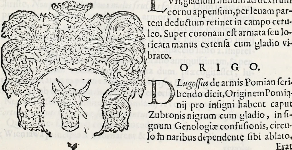 An illustration from Orbis Polonvs, splendoribus caeli: Triumphis mundi: pulchritudine animantium: decore aquatilium: naturae excellentia reptilium, condecoratvs. In qvo antiqva Sarmatarvm gentilitia, pervetvstae nobilitatis polonae insignia, vetera & noua indigenatus meritorum praemia & arma, specificantur & relucent. Nunc primum, vt Latinitati consecratus, ita claritate & veritate perspicuus, 1641, leaf 944