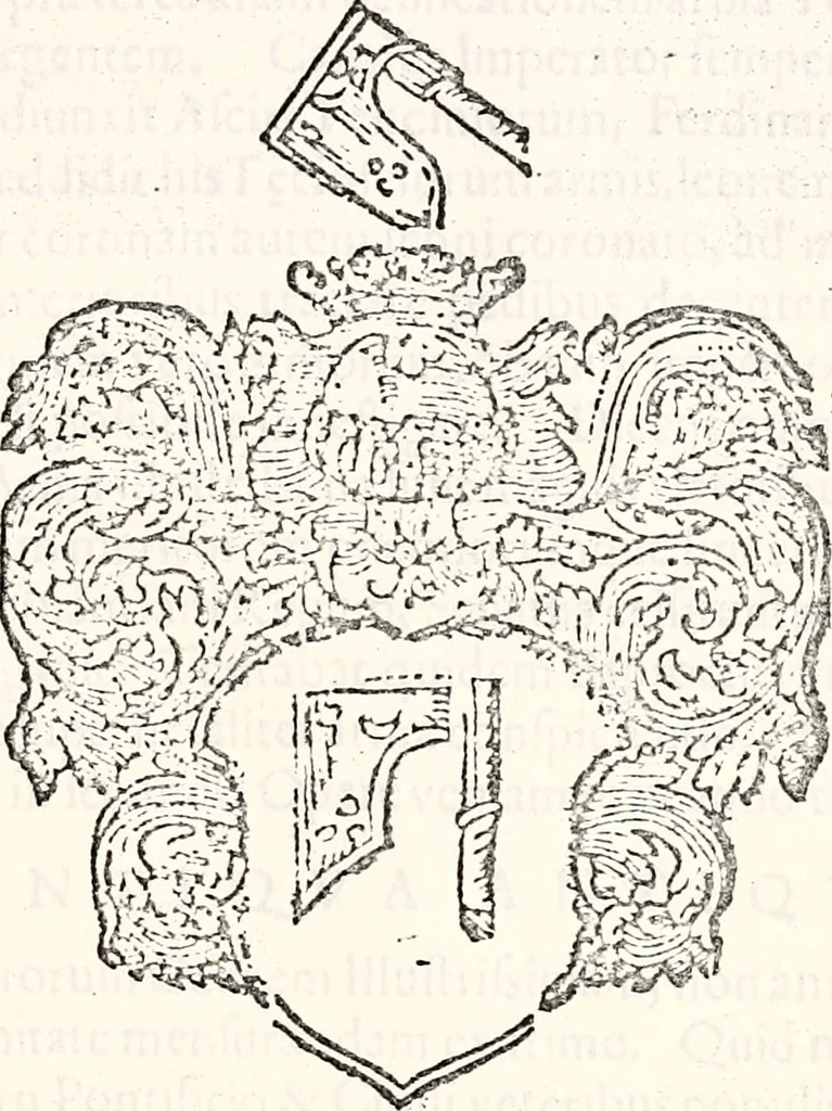 An illustration from Orbis Polonvs, splendoribus caeli: Triumphis mundi: pulchritudine animantium: decore aquatilium: naturae excellentia reptilium, condecoratvs. In qvo antiqva Sarmatarvm gentilitia, pervetvstae nobilitatis polonae insignia, vetera & noua indigenatus meritorum praemia & arma, specificantur & relucent. Nunc primum, vt Latinitati consecratus, ita claritate & veritate perspicuus, 1641, leaf 20