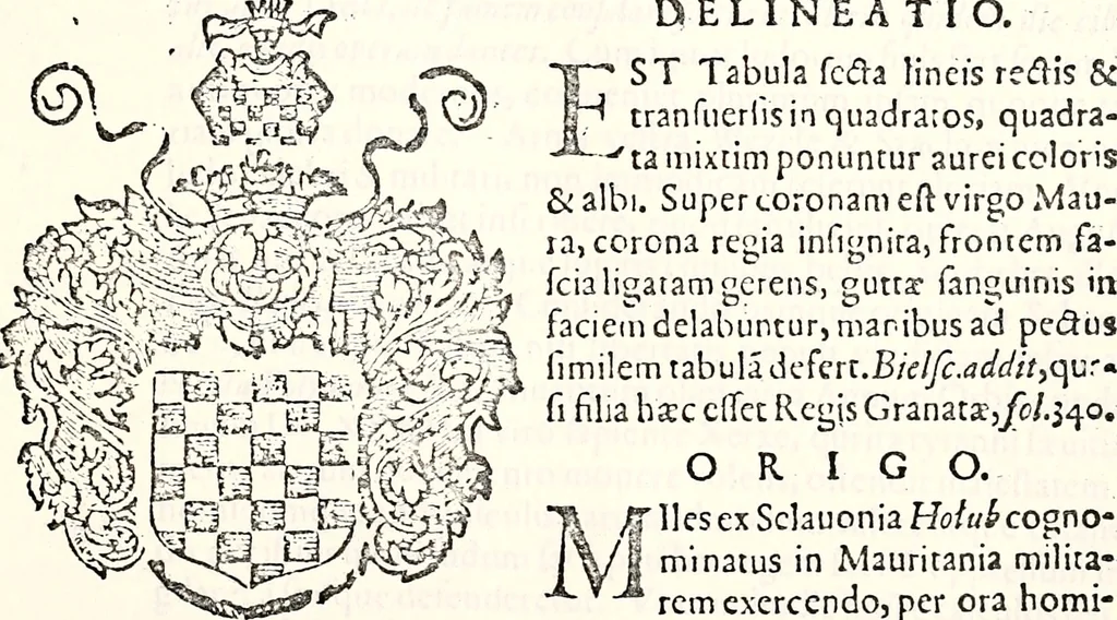 An illustration from Orbis Polonvs, splendoribus caeli: Triumphis mundi: pulchritudine animantium: decore aquatilium: naturae excellentia reptilium, condecoratvs. In qvo antiqva Sarmatarvm gentilitia, pervetvstae nobilitatis polonae insignia, vetera & noua indigenatus meritorum praemia & arma, specificantur & relucent. Nunc primum, vt Latinitati consecratus, ita claritate & veritate perspicuus, 1641, leaf 220