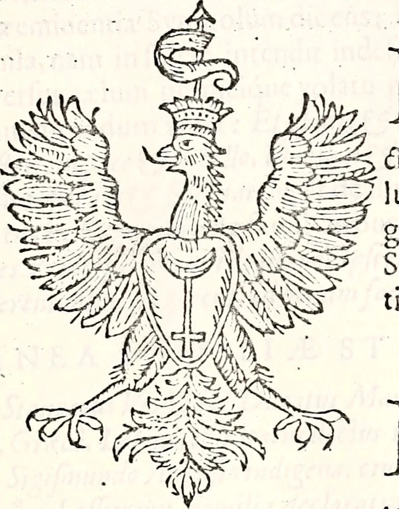An illustration from Orbis Polonvs, splendoribus caeli: Triumphis mundi: pulchritudine animantium: decore aquatilium: naturae excellentia reptilium, condecoratvs. In qvo antiqva Sarmatarvm gentilitia, pervetvstae nobilitatis polonae insignia, vetera & noua indigenatus meritorum praemia & arma, specificantur & relucent. Nunc primum, vt Latinitati consecratus, ita claritate & veritate perspicuus, 1641, leaf 230