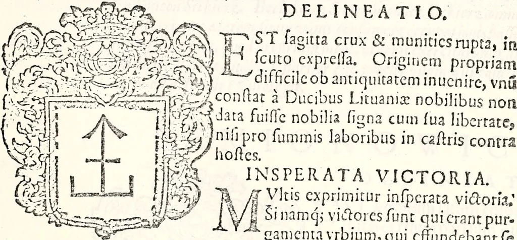 An illustration from Orbis Polonvs, splendoribus caeli: Triumphis mundi: pulchritudine animantium: decore aquatilium: naturae excellentia reptilium, condecoratvs. In qvo antiqva Sarmatarvm gentilitia, pervetvstae nobilitatis polonae insignia, vetera & noua indigenatus meritorum praemia & arma, specificantur & relucent. Nunc primum, vt Latinitati consecratus, ita claritate & veritate perspicuus, 1641, leaf 244