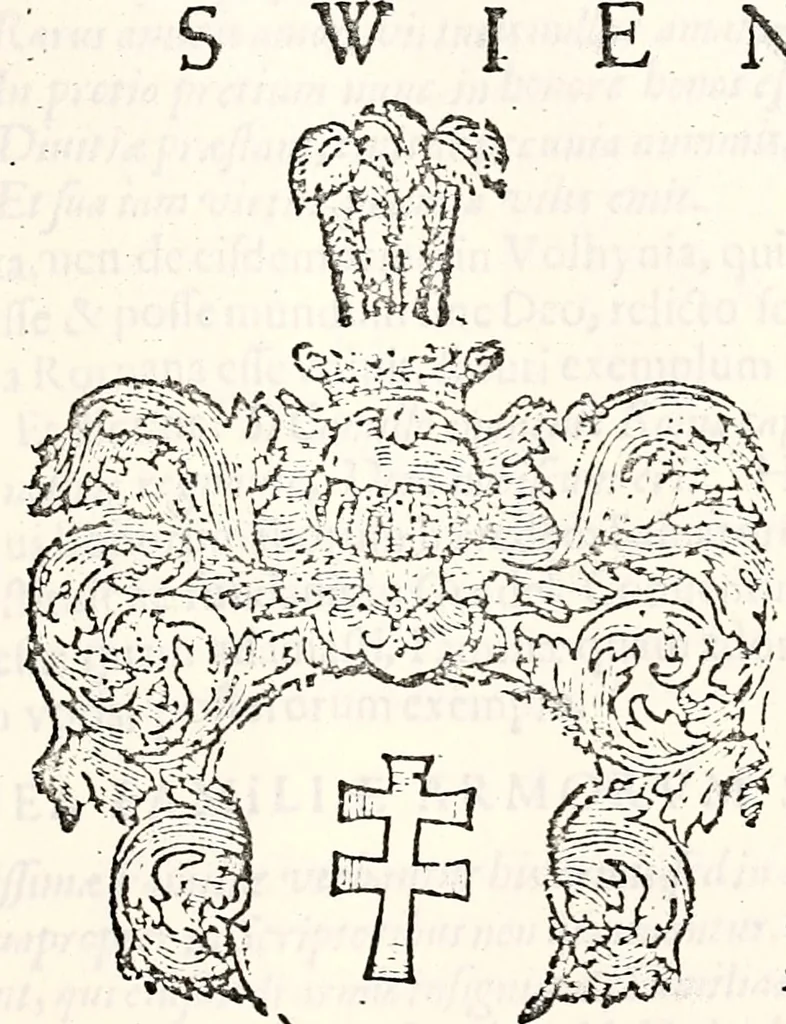 An illustration from Orbis Polonvs, splendoribus caeli: Triumphis mundi: pulchritudine animantium: decore aquatilium: naturae excellentia reptilium, condecoratvs. In qvo antiqva Sarmatarvm gentilitia, pervetvstae nobilitatis polonae insignia, vetera & noua indigenatus meritorum praemia & arma, specificantur & relucent. Nunc primum, vt Latinitati consecratus, ita claritate & veritate perspicuus, 1641, leaf 298