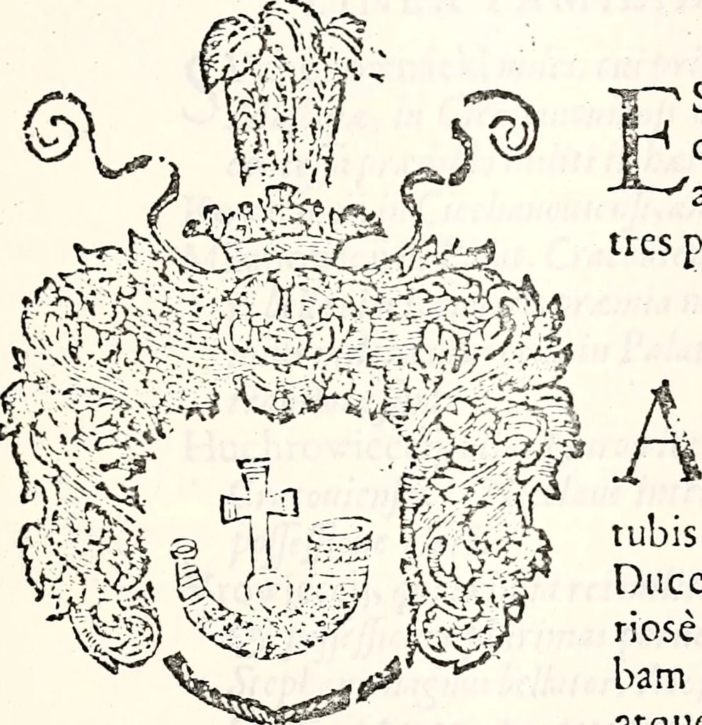 An illustration from Orbis Polonvs, splendoribus caeli: Triumphis mundi: pulchritudine animantium: decore aquatilium: naturae excellentia reptilium, condecoratvs. In qvo antiqva Sarmatarvm gentilitia, pervetvstae nobilitatis polonae insignia, vetera & noua indigenatus meritorum praemia & arma, specificantur & relucent. Nunc primum, vt Latinitati consecratus, ita claritate & veritate perspicuus, 1641, leaf 352