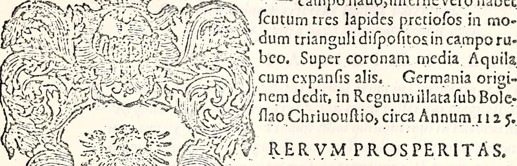 An illustration from Orbis Polonvs, splendoribus caeli: Triumphis mundi: pulchritudine animantium: decore aquatilium: naturae excellentia reptilium, condecoratvs. In qvo antiqva Sarmatarvm gentilitia, pervetvstae nobilitatis polonae insignia, vetera & noua indigenatus meritorum praemia & arma, specificantur & relucent. Nunc primum, vt Latinitati consecratus, ita claritate & veritate perspicuus, 1641, leaf 356