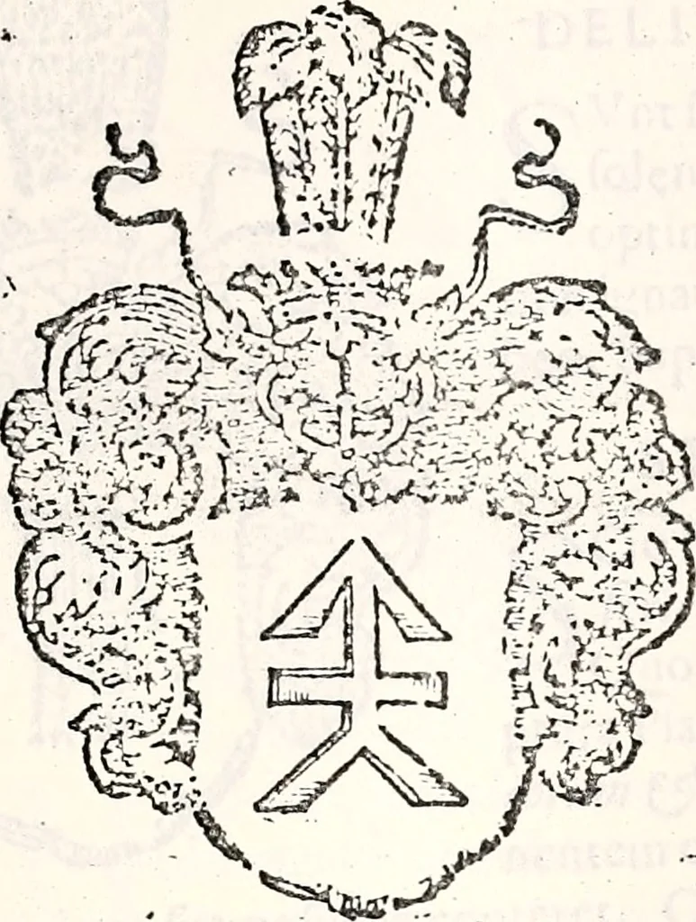 An illustration from Orbis Polonvs, splendoribus caeli: Triumphis mundi: pulchritudine animantium: decore aquatilium: naturae excellentia reptilium, condecoratvs. In qvo antiqva Sarmatarvm gentilitia, pervetvstae nobilitatis polonae insignia, vetera & noua indigenatus meritorum praemia & arma, specificantur & relucent. Nunc primum, vt Latinitati consecratus, ita claritate & veritate perspicuus, 1641, leaf 382