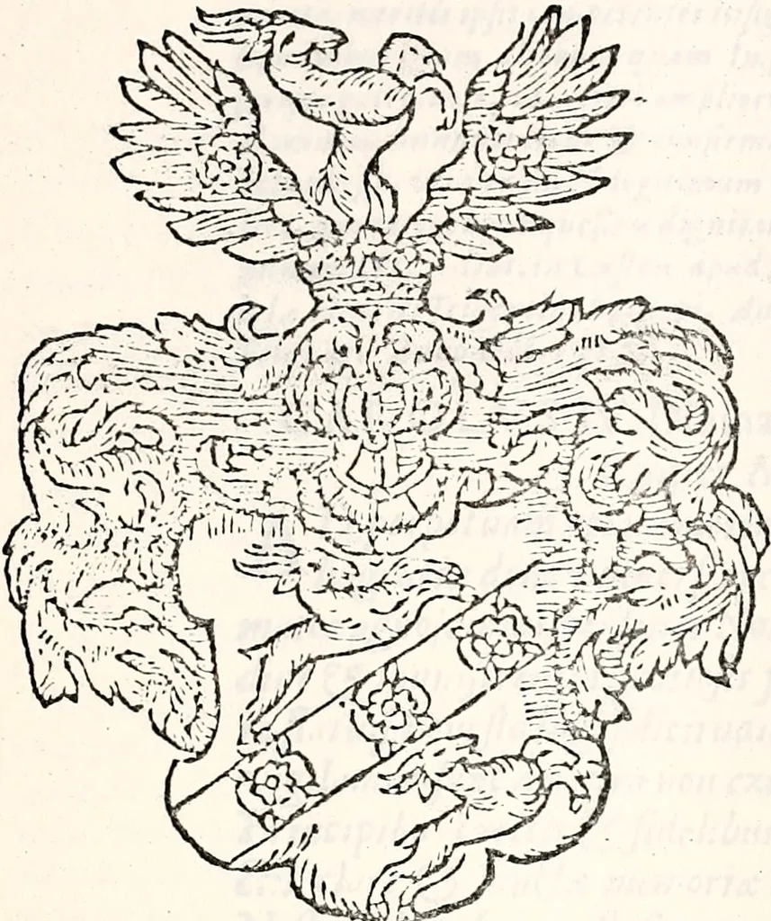 An illustration from Orbis Polonvs, splendoribus caeli: Triumphis mundi: pulchritudine animantium: decore aquatilium: naturae excellentia reptilium, condecoratvs. In qvo antiqva Sarmatarvm gentilitia, pervetvstae nobilitatis polonae insignia, vetera & noua indigenatus meritorum praemia & arma, specificantur & relucent. Nunc primum, vt Latinitati consecratus, ita claritate & veritate perspicuus, 1641, leaf 424
