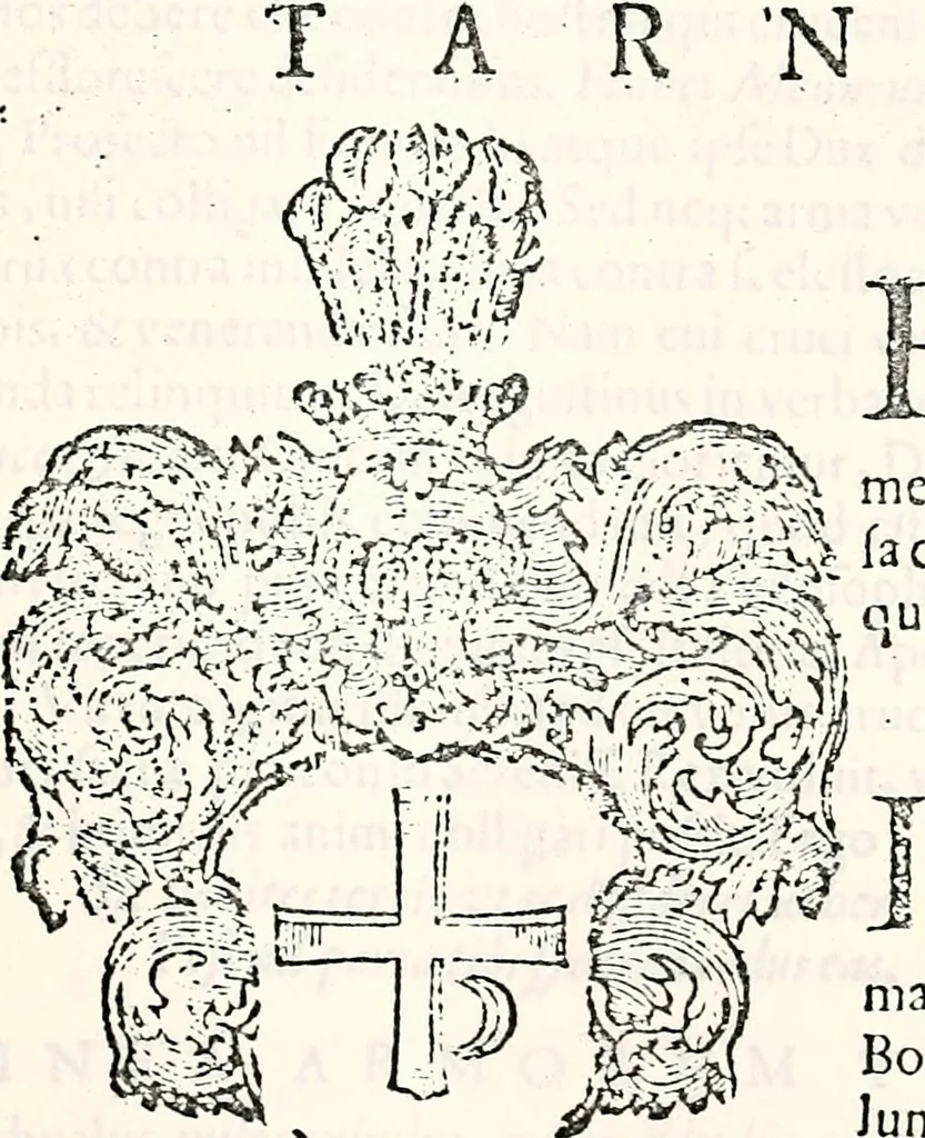 An illustration from Orbis Polonvs, splendoribus caeli: Triumphis mundi: pulchritudine animantium: decore aquatilium: naturae excellentia reptilium, condecoratvs. In qvo antiqva Sarmatarvm gentilitia, pervetvstae nobilitatis polonae insignia, vetera & noua indigenatus meritorum praemia & arma, specificantur & relucent. Nunc primum, vt Latinitati consecratus, ita claritate & veritate perspicuus, 1641, leaf 458